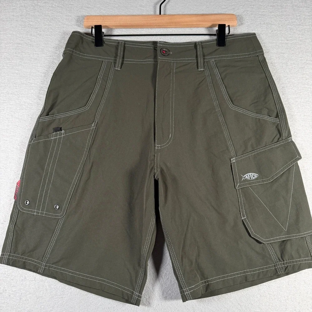 AFTCO Mens Fishing Shorts Olive Green Size 34 Nylon Stretch Cargo Utility Pliers